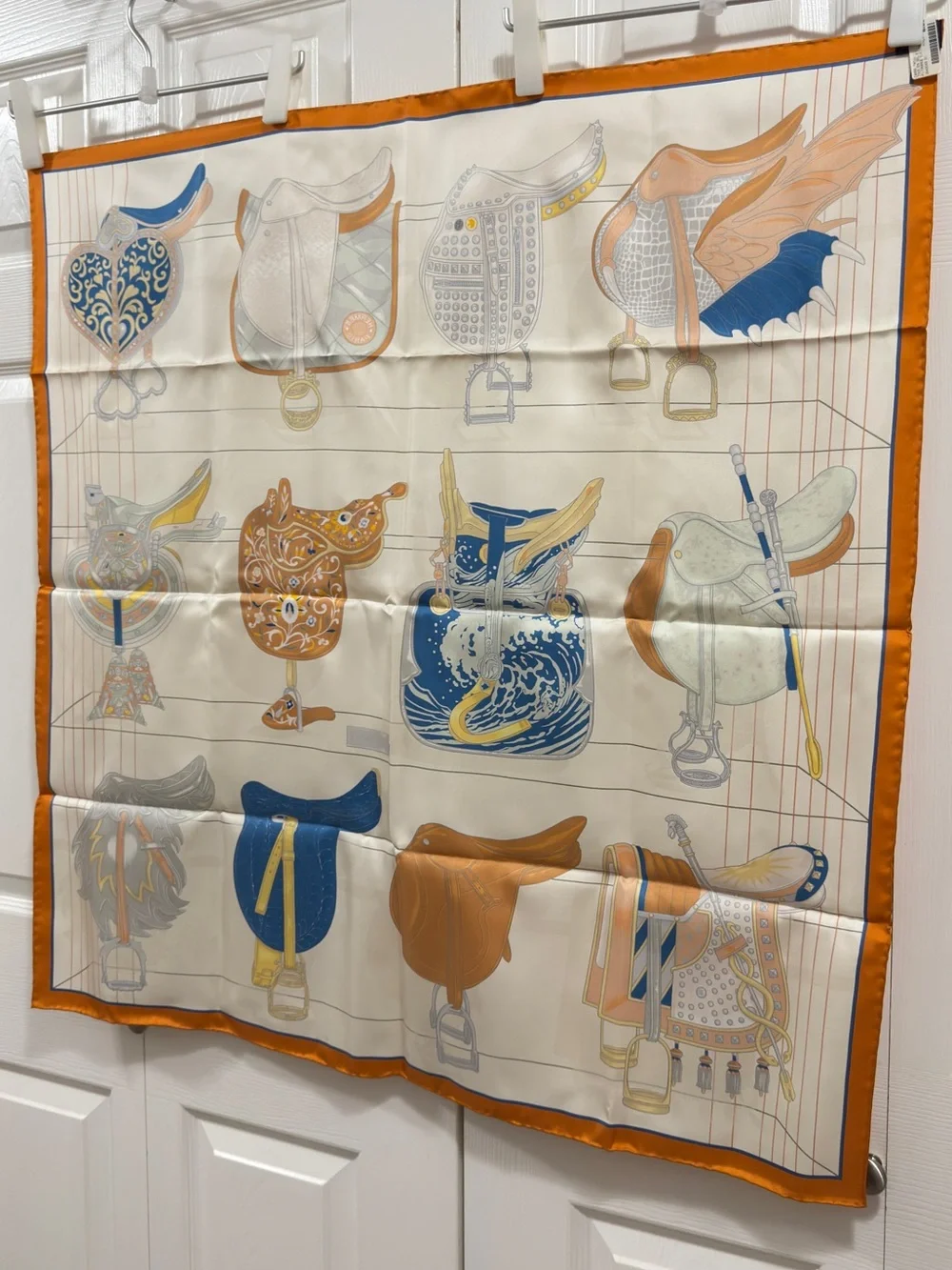 Hermes 90cm Tous En Selle - Cream & Orange Scarf
